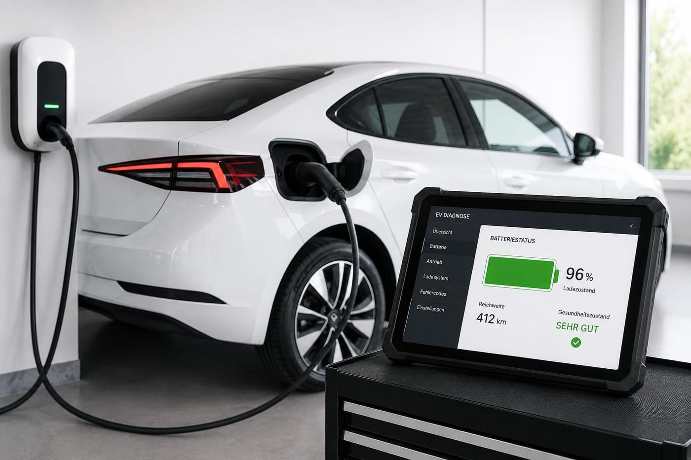 Elektrofahrzeug beim Laden mit Diagnose-Tablet: Batteriestatus 96 Prozent, sehr gut