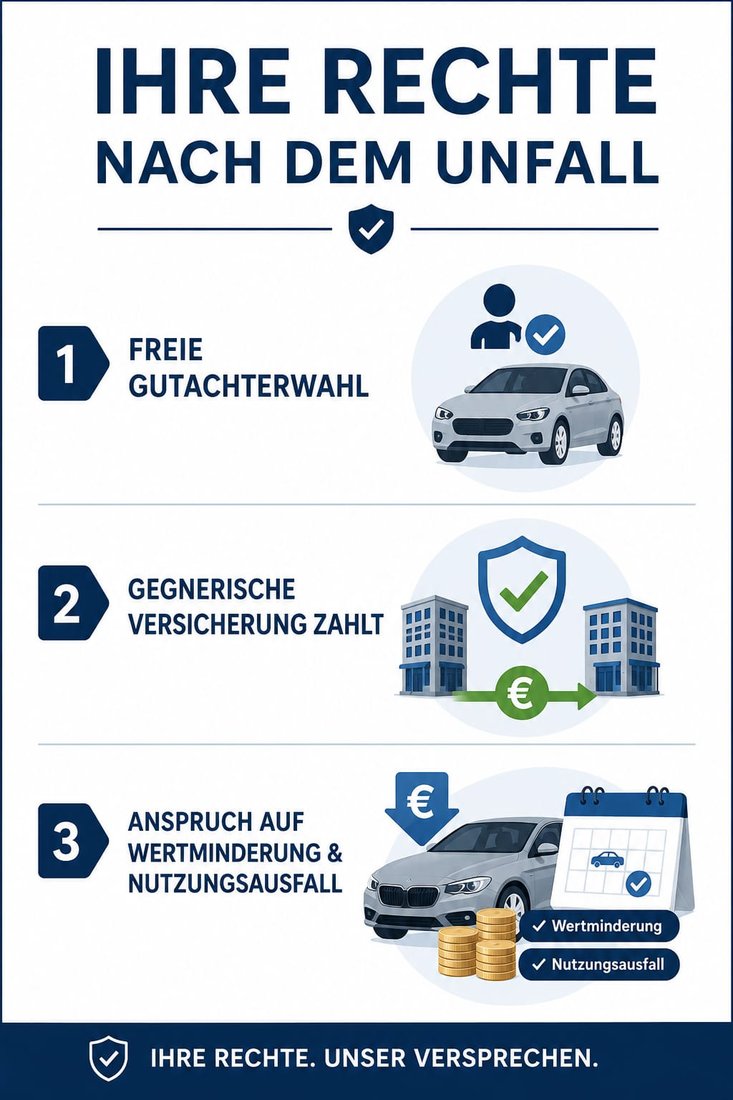 Ihre Rechte nach dem Unfall: freie Gutachterwahl, gegnerische Versicherung zahlt, Anspruch auf Wertminderung und Nutzungsausfall